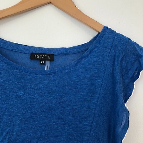 NEW NWT 1.STATE Ruffle Linen Top Bright Blue Short Cap Sleeve 100% LINEN - FLAW - Picture 4 of 8